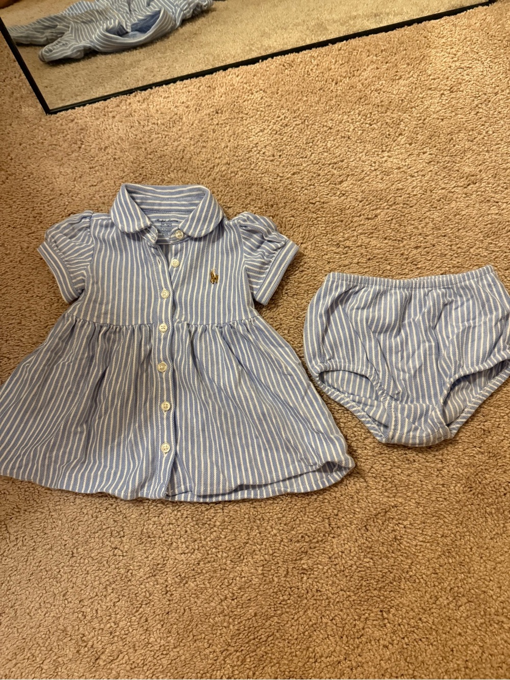 Ralph Lauren Baby Blue Striped Polo Dress with Bloomers